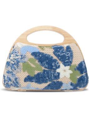 Blue Floral Sequin Beaded Wooden Handle Clutch Purse
